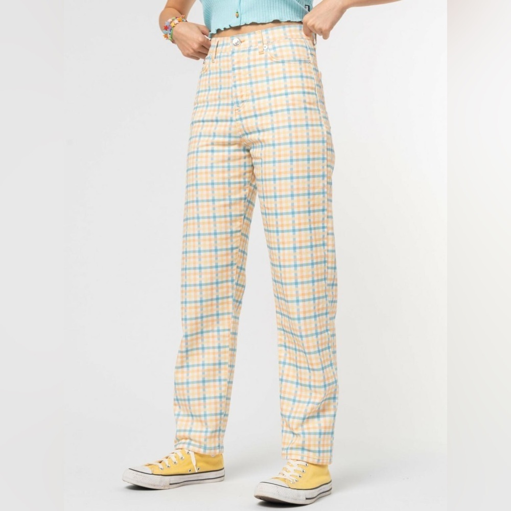 Minga London Yellow Joy Check Plaid Denim Mom Jeans Size 6